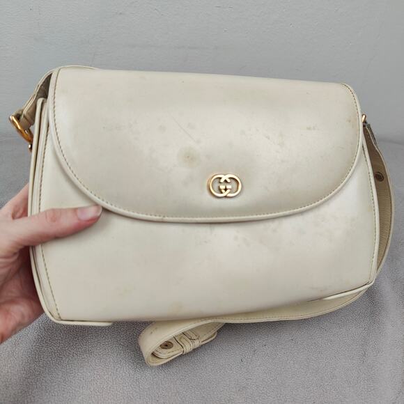 Vintage Gucci Leather Crossbody Bag Small Purse Off-White Cream 80s REPAIRED - Picture 4 of 14